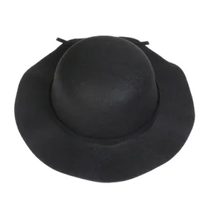 Close-up of black wool felt dome hat featuring elegant bow detail on the back brim