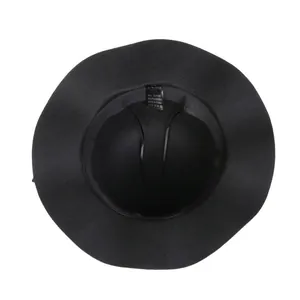 Internal view of wide brim wool fedora showing sweatband and material content label
