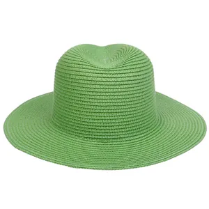 Close-up of the fine spiral woven texture on this light green Panama straw fedora hat
