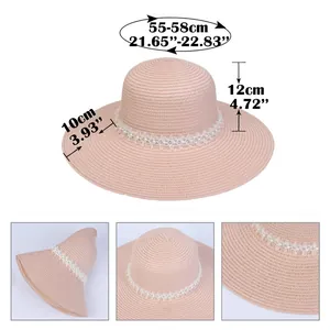 Pink wide-brim straw hat dimensions showing 10cm brim and floral lace detail