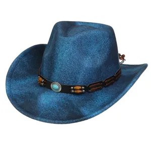 Detailansicht eines dunkelblauen Filz-Cowboyhuts mit ethnischem Lederband und Türkisen