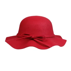 Elegant red wool felt dome hat with wavy brim and bow decoration for women