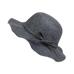 Elegant dark grey wide brim wool fedora hat with bow accent and wavy rim design