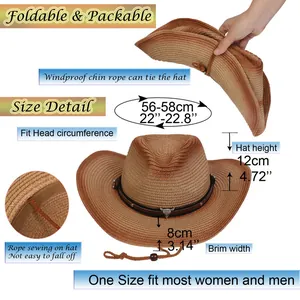 Detalle de sombrero vaquero de paja plegable con barboquejo y adorno de toro