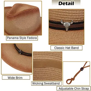 Detalle de sombrero de paja con banda de cuero, cabeza de toro y cordón ajustable
