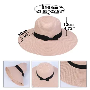 Detailed size chart for pink wide brim straw hat with dimensions and bow decoration