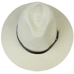 Detail of cream woven Panama hat featuring a black faux leather belt and silver buckle