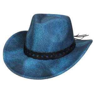 Detail eines dunkelblauen Western-Cowboyhuts mit Distressed-Textur und schwarzem Flechtband