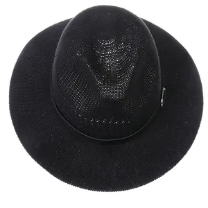 Detailed close-up of breathable black woven polyester straw fedora with decorative leather band