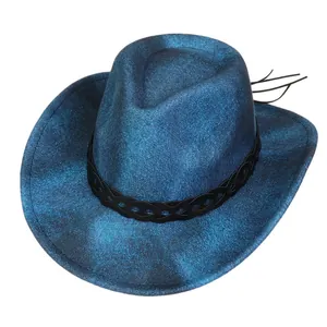 Detail eines blauen Western-Cowboyhuts mit schwarzer Textur und gewebtem Zierband