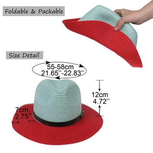 Size chart for foldable two-tone Panama straw hat showing head circumference and brim width