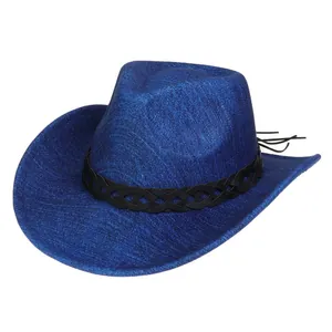 Detailansicht eines dunkelblauen Westernhuts mit Glitzereffekt und schwarzem Lederband