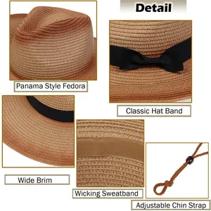 Detalle de sombrero fedora de paja con ala ancha y cordón de ajuste ajustable