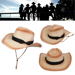 Detalle del sombrero de paja degradado con cinta negra y cuerda ajustable para el viento
