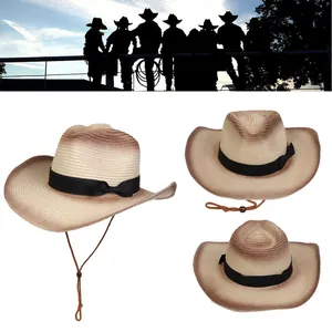 Detalle de sombrero de paja con borde degradado y correa ajustable para barbilla