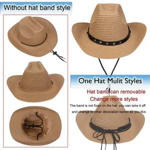 Detail eines Stroh-Cowboyhuts mit abnehmbarem Sternband und verstellbarem Kinnriemen