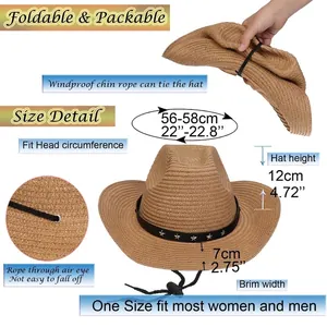 Detaillierte Größentabelle für faltbare Stroh-Cowboyhüte mit verstellbarem Kinnriemen