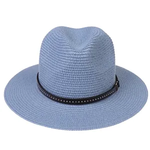 Close-up of light blue straw hat texture with black studded leather band detail