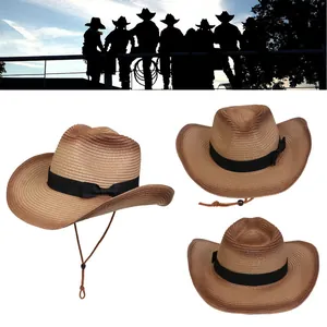 Detalle de sombrero de paja estilo cowboy con degradado café y cordón ajustable