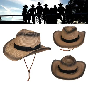 Detalle del sombrero de vaquero de paja tejida con degradado y correa ajustable para barbilla