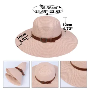 Detail view of pink foldable straw sun hat with size specs 55-58cm and 10cm wide brim