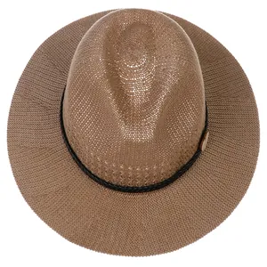 Top view of dark brown straw fedora with black woven band and wooden button detail