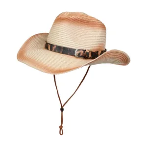 Sombrero de sol vintage de paja con banda de leopardo y ala degradada para mujer