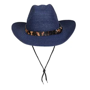 Dunkelblauer Strohhut im Cowboy-Stil mit Leopardenmuster-Band und verstellbarem Kinnriemen