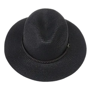 Close-up of black straw Panama hat with studded leather band and woven texture