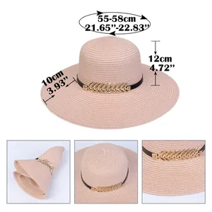 Detailed dimension guide for pink wide brim straw hat with gold wheat spike accessory