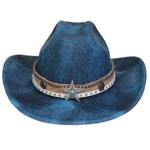 Blauer Cowboyhut im Boho-Stil mit ethnischen Bändern und Türkis-Stern-Schnalle