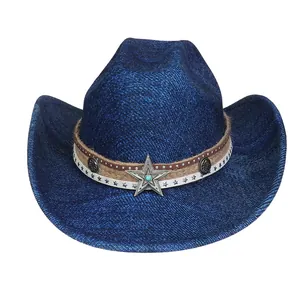 Böhmischer dunkelblauer Cowboyhut mit ethnischen Bändern und türkisfarbenem Stern
