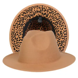 Cappello fedora cammello con tesa leopardata interna in misto cotone poliestere