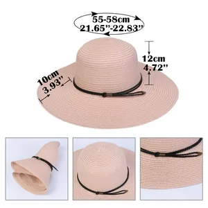 Detailed size chart of a foldable pink straw sun hat with 10cm wide brim measurements