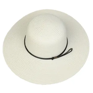 Detail showing the fine straw weave texture and black decorative cord on a white sun hat