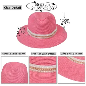 Size chart and details of pink Panama straw hat with pearl chain for women