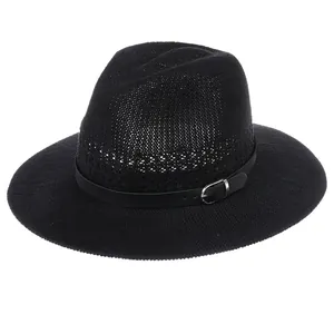 Classic black breathable woven fedora hat with faux leather band and silver buckle
