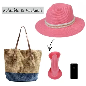 Chapeau de paille rose pliable avec chaîne de perles et sac de plage avec lanière cuir