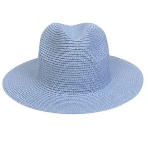 Classic light blue woven Fedora straw hat with a wide brim for summer sun protection