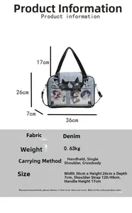 Close-up of blue denim ita bag with transparent window and star patches showing dimensions