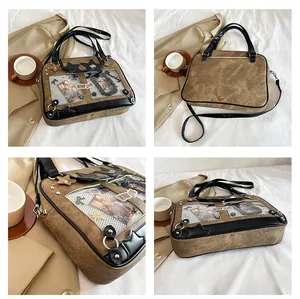 Detailed four-way views of a vintage brown ita bag with clear window and star charm