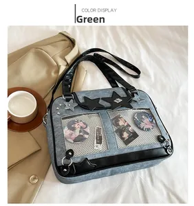 Blue denim ita bag with star patches and transparent display windows for anime badges