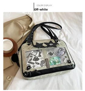 Detail of cream-white ita bag featuring double transparent windows and star decorations