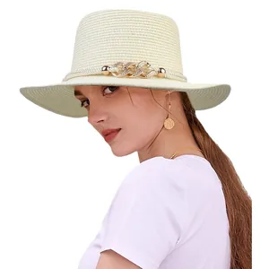 Elegant beige woven straw sun hat with pearls and gold chain decor for women