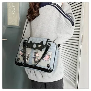 Detail of light blue ita bag with dual transparent windows for anime pins and badges