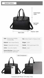 Guide des tailles détaillé pour sac à main noir texturé avec mesures de dimensions précises