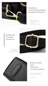 Détails des crochets dorés, de la boucle ajustable et du fond résistant sur un sac en cuir noir