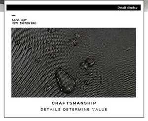 Macro shot of waterproof black nylon fabric with water droplets on a trendy crossbody bag