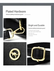 Macro view of gold plated hardware and kangaroo logo on black pebbled leather crossbody bag