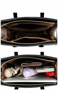 Sac à main avec texture litchi montrant un intérieur spacieux et des poches zippées